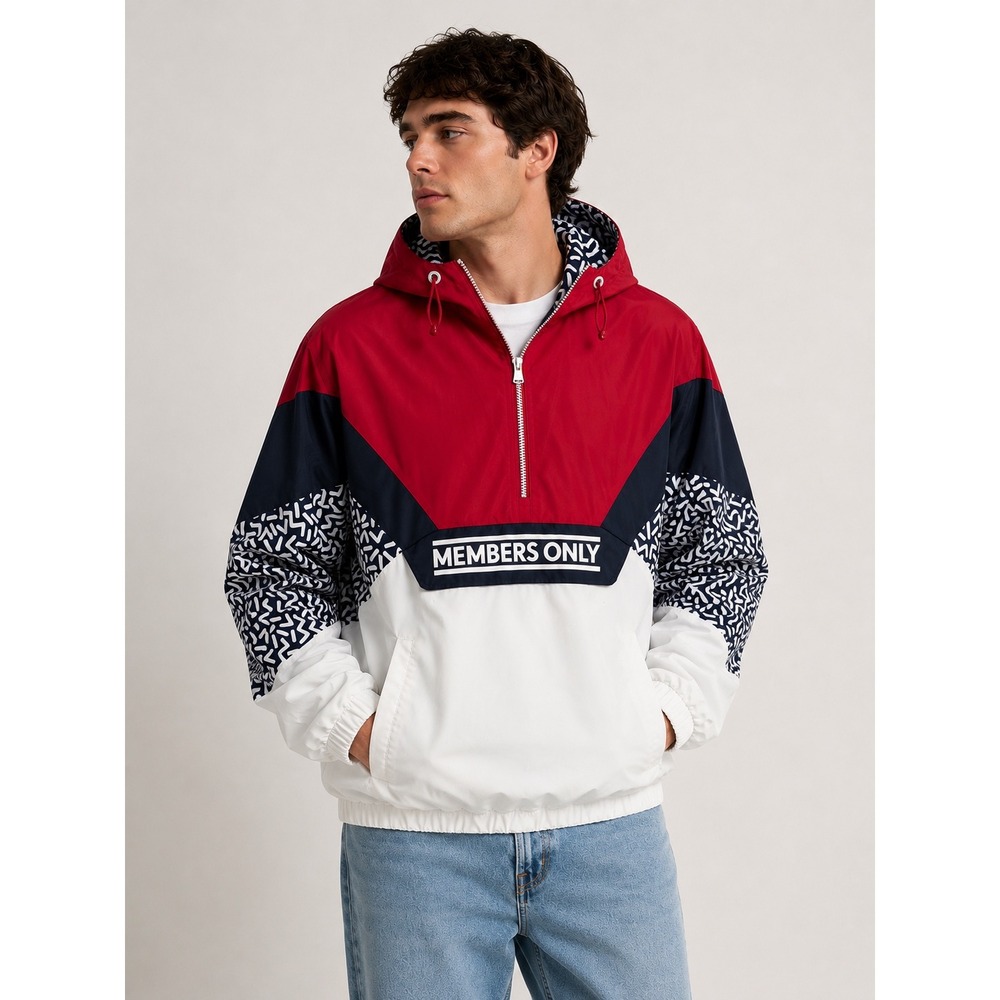 Members Only Sport Mens Red‎ White Blue Colorblock Half Zip Windbreaker Jacket M